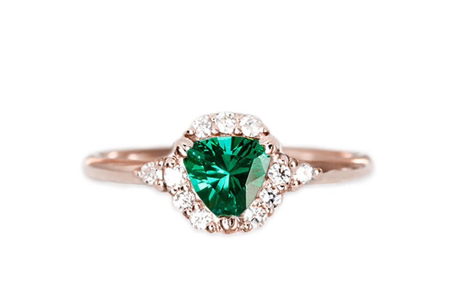 Isobel Halo Lab Emerald Ring Andrea Bonelli Jewelry 14k Rose Gold