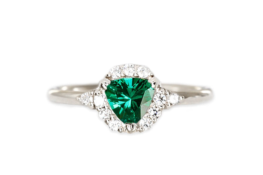 Isobel Halo Lab Emerald Ring Andrea Bonelli Jewelry 14k White Gold