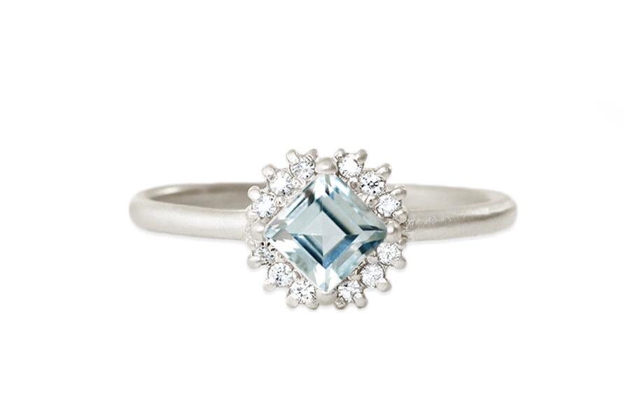 Tavi Halo Aquamarine Ring Andrea Bonelli Jewelry 14k White Gold