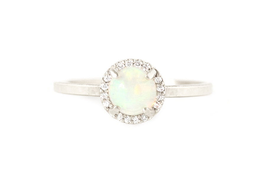 Opal + Diamond Halo Ring Andrea Bonelli 14k White Gold