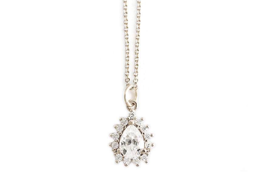 Aura Pear Halo Necklace Andrea Bonelli Jewelry 14k White Gold