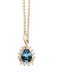 Aura Topaz Pear Halo Necklace Andrea Bonelli Jewelry 14k Yellow Gold