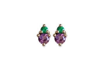 Jumelle Amethyst + Emerald Studs Andrea Bonelli Jewelry 14k Yellow Gold