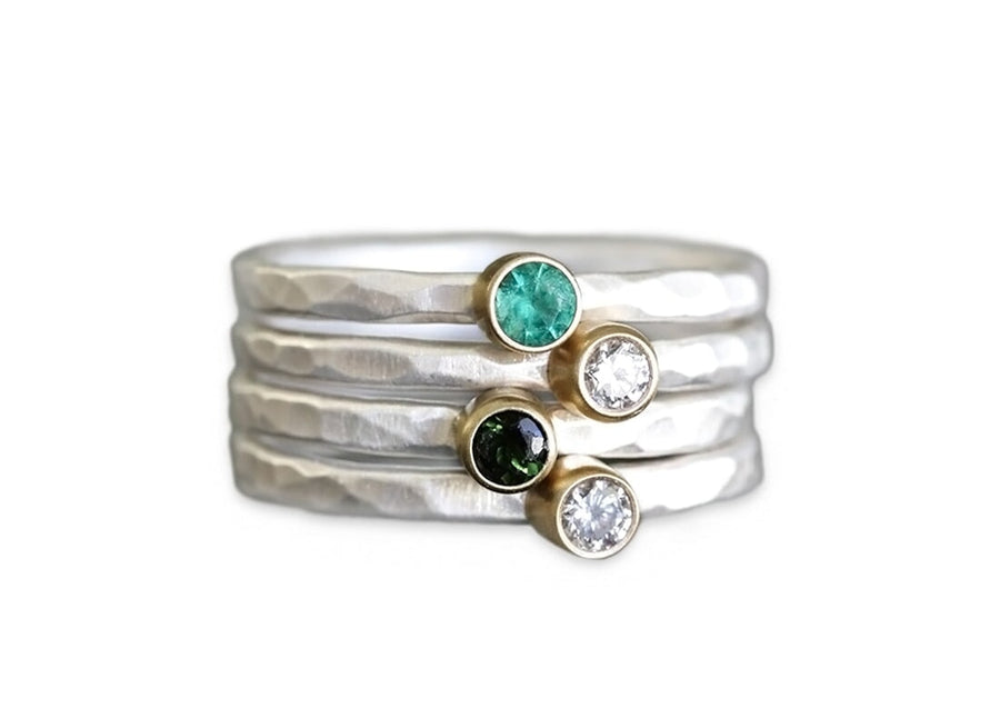 Gemstone and Diamond Stacking Rings Andrea Bonelli Jewelry 14k Yellow Gold and Silver