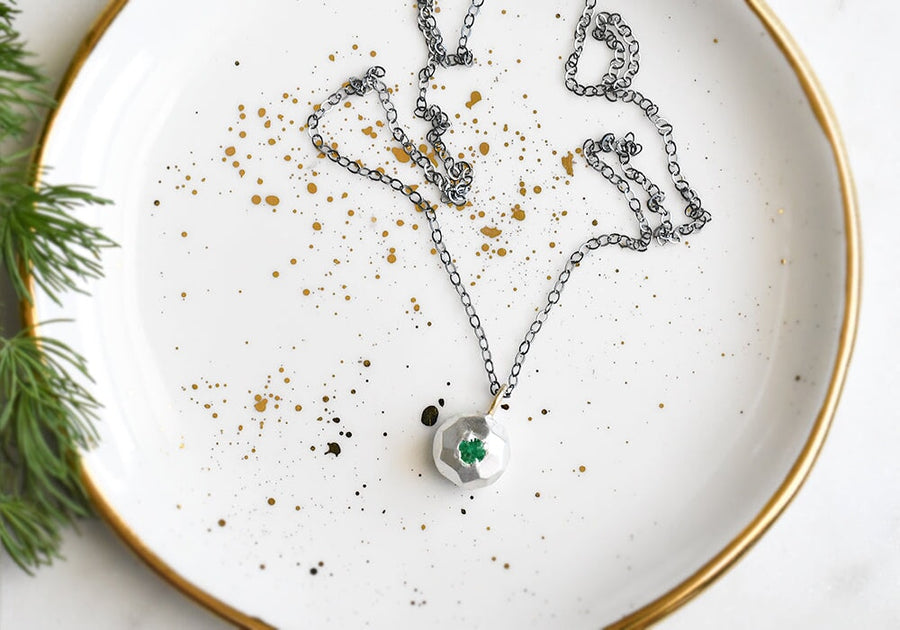 Mixed Metals Faceted Pebble + Emerald Necklace Andrea Bonelli 