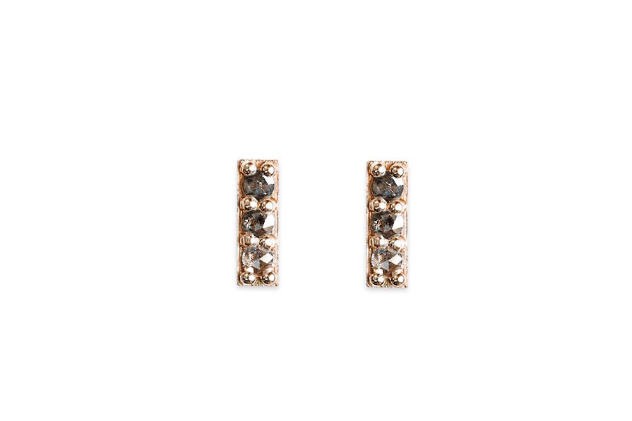 Pave Salt and Pepper Diamond Bar Studs Andrea Bonelli Jewelry 14k Rose Gold