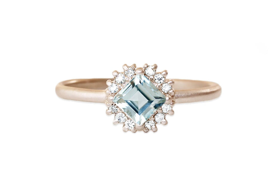 Tavi Halo Aquamarine Ring Andrea Bonelli Jewelry 14k Rose Gold