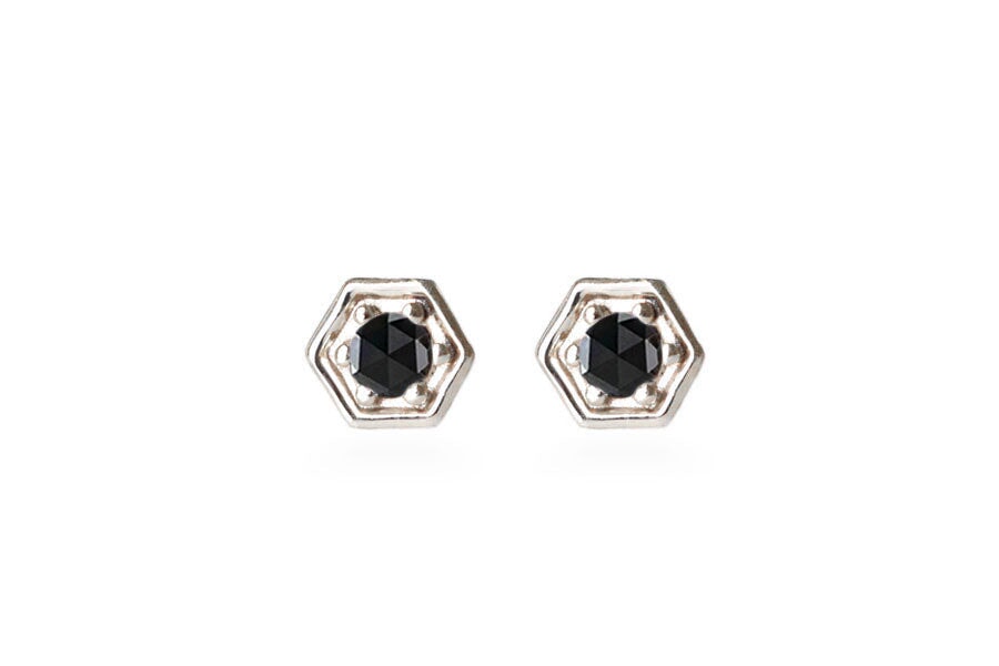 Hexagon Black Diamond Studs Andrea Bonelli Jewelry 14k White Gold