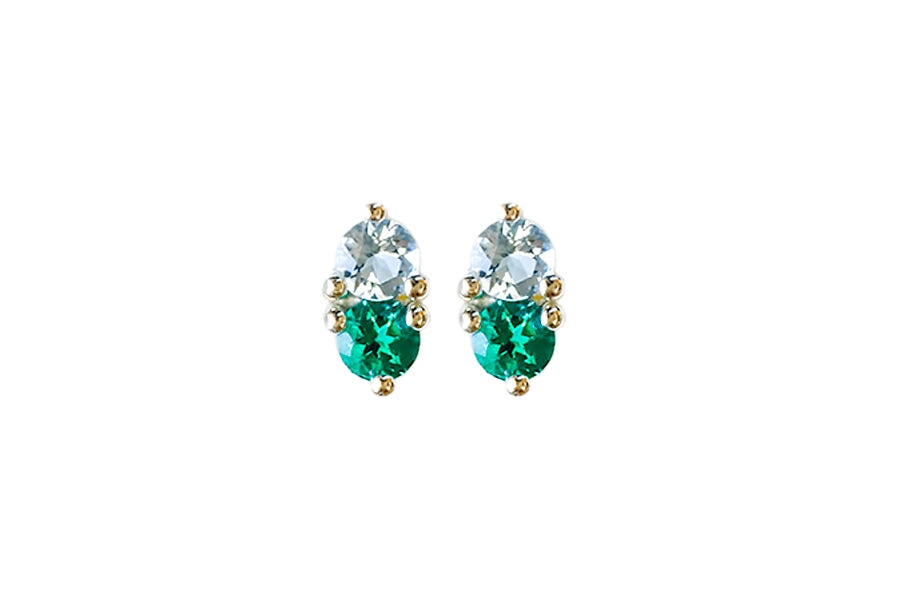 Jumelle Aquamarine + Lab Emerald Studs Andrea Bonelli Jewelry 10k Yellow Gold