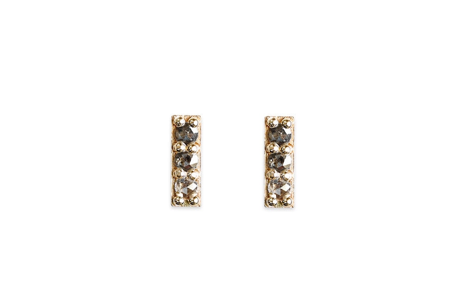 Pave Salt and Pepper Diamond Bar Studs Andrea Bonelli Jewelry 14k Yellow Gold