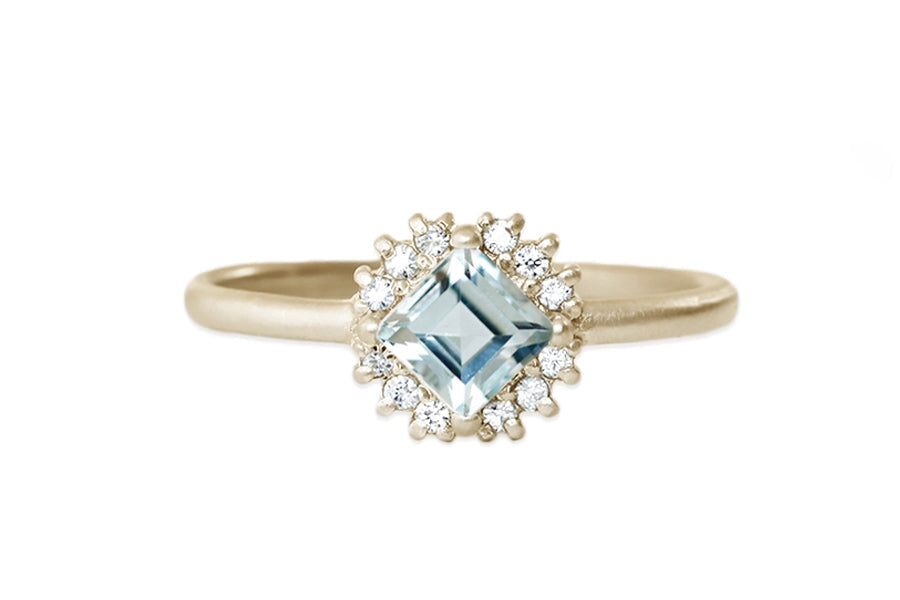 Tavi Halo Aquamarine Ring Andrea Bonelli Jewelry 14k Yellow Gold