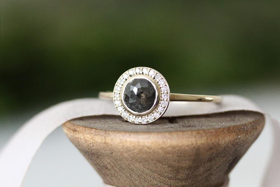 Rose Cut Gray Diamond Halo Ring Andrea Bonelli Jewelry 14k Yellow Gold