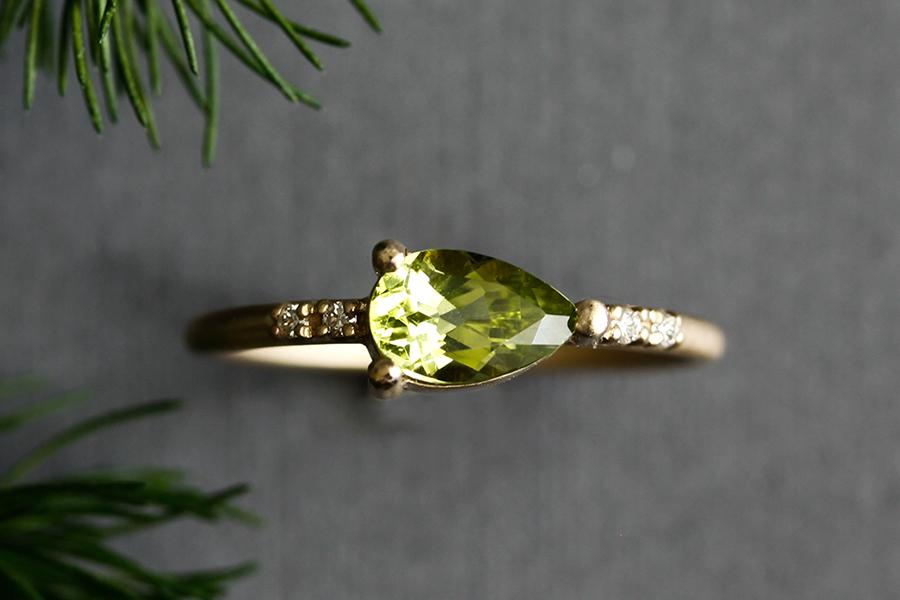 Round Peridot Engagement Ring Sets Art Deco Diamond Band 14K Yellow Gold
