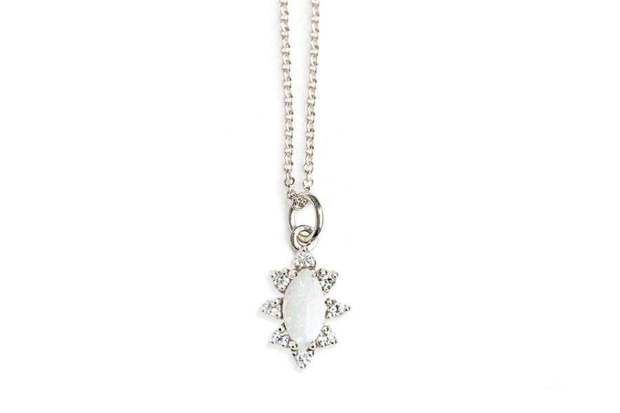 Aura Marquise Opal Halo Necklace Andrea Bonelli Jewelry 14k White Gold