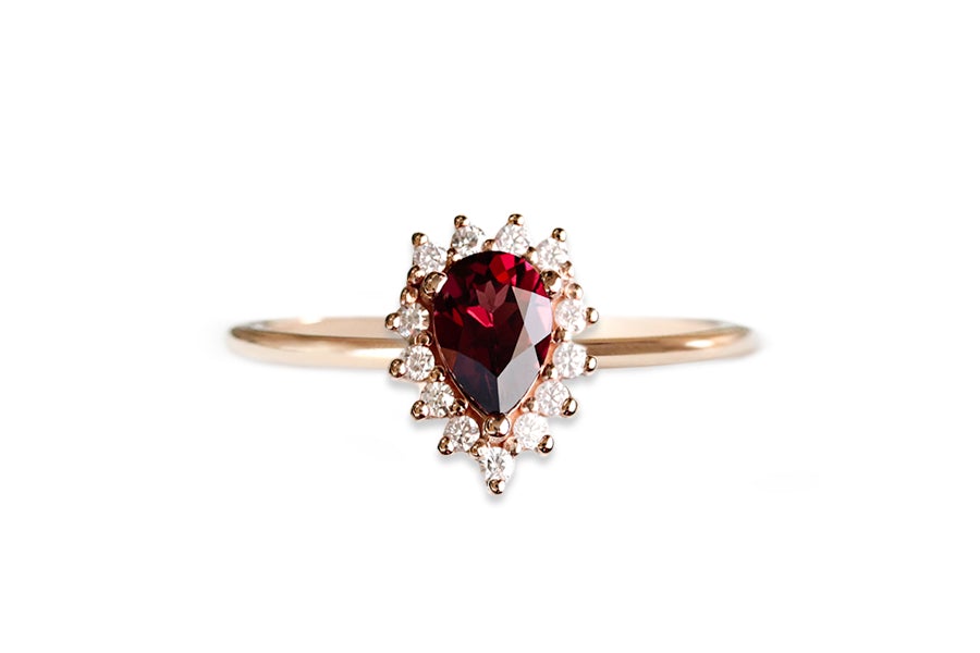 Aura Halo Pear Garnet Ring Andrea Bonelli Jewelry 14k Rose Gold