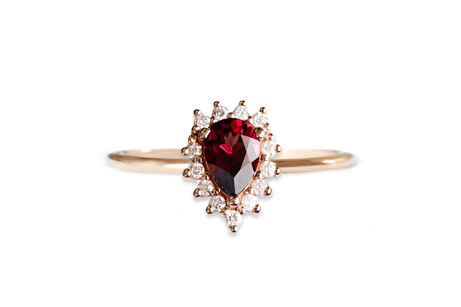 Aura Halo Pear Garnet Ring Andrea Bonelli Jewelry 14k Rose Gold