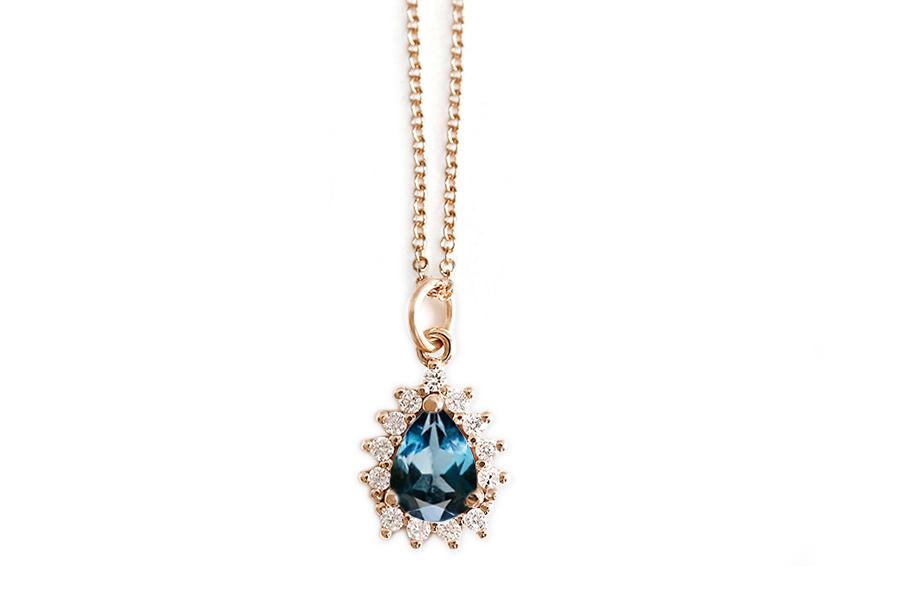 Aura Topaz Pear Halo Necklace Andrea Bonelli Jewelry 14k Rose Gold