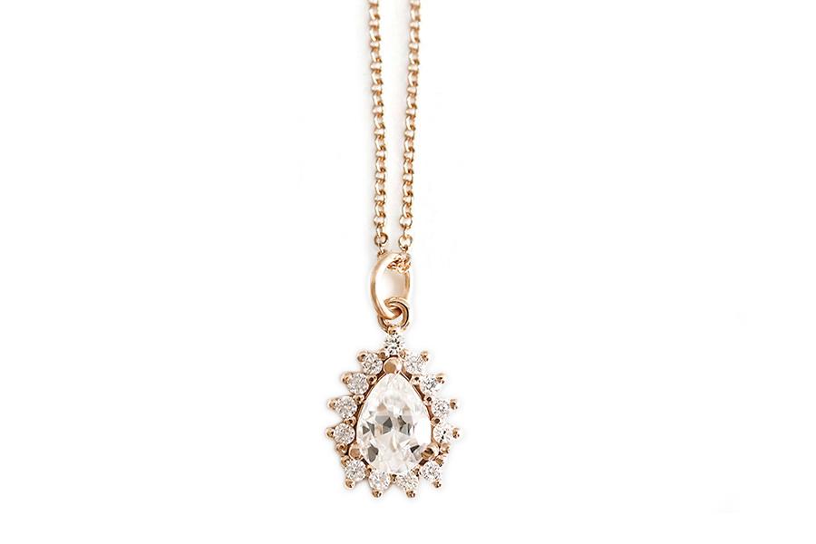 Aura Pear Halo Necklace Andrea Bonelli Jewelry 14k Rose Gold