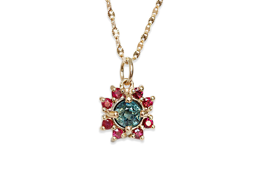 Parti Sapphire and Ruby Halo Necklace Andrea Bonelli Jewelry 