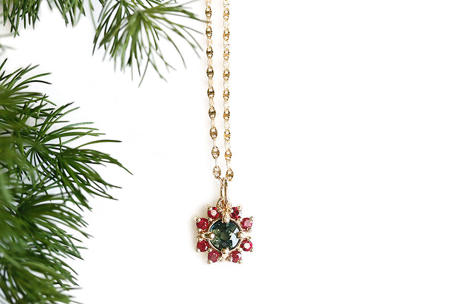 Parti Sapphire and Ruby Halo Necklace Andrea Bonelli Jewelry 
