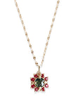 Parti Sapphire and Ruby Halo Necklace Andrea Bonelli Jewelry 14k Yellow Gold