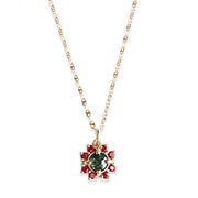 Parti Sapphire and Ruby Halo Necklace Andrea Bonelli Jewelry 14k Yellow Gold