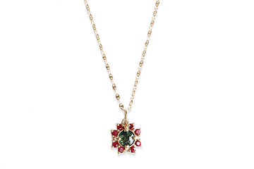 Parti Sapphire and Ruby Halo Necklace Andrea Bonelli Jewelry 14k Yellow Gold