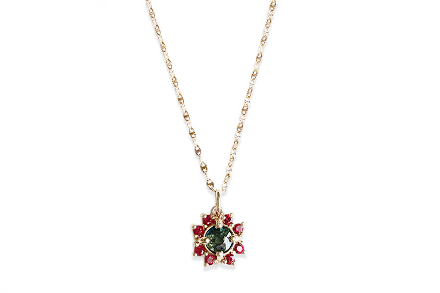 Parti Sapphire and Ruby Halo Necklace Andrea Bonelli Jewelry 