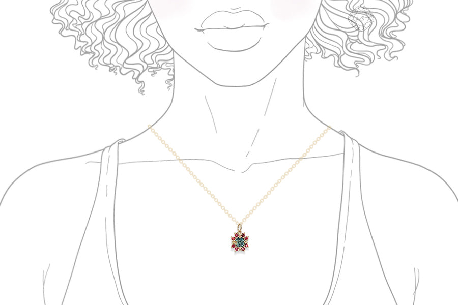 Parti Sapphire and Ruby Halo Necklace Andrea Bonelli Jewelry 