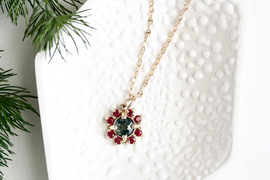 Parti Sapphire and Ruby Halo Necklace Andrea Bonelli Jewelry 14k Yellow Gold