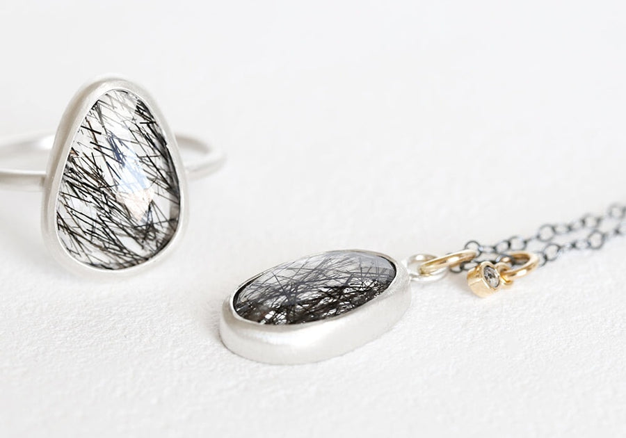Silver Tourmalinated Quartz and Diamond Necklace Andrea Bonelli Jewelry 