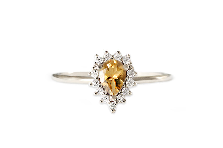 Aura Halo Pear Citrine Ring Andrea Bonelli Jewelry 14k White Gold