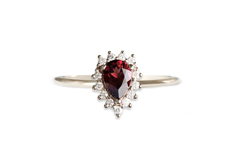 Aura Halo Pear Garnet Ring Andrea Bonelli Jewelry 14k White Gold