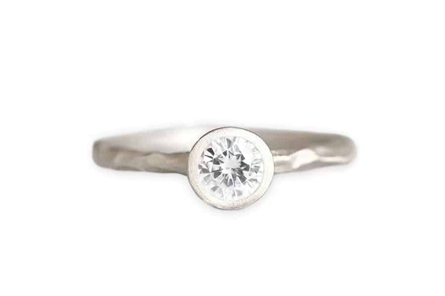 Rustic Carved Moissanite Ring Andrea Bonelli 14k White Gold