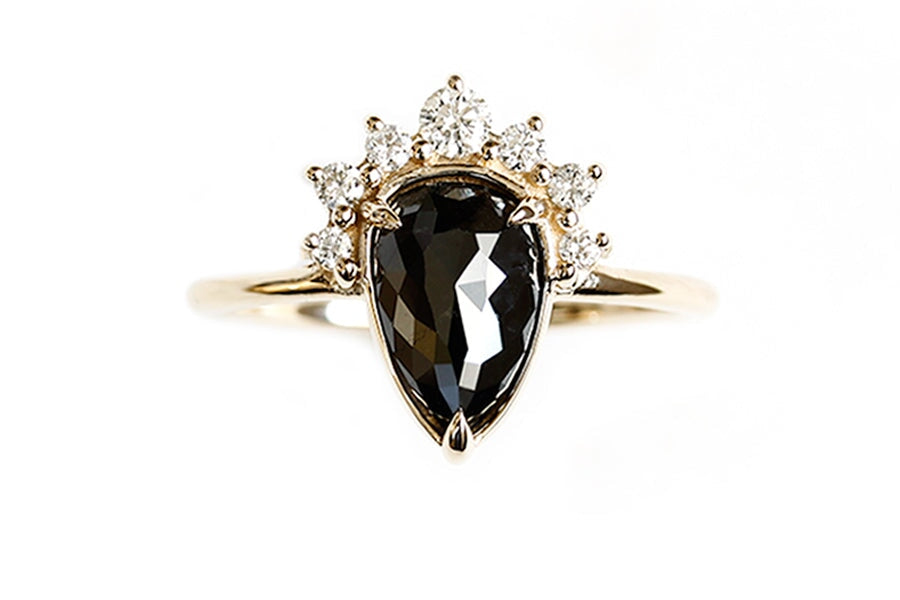Black Diamond Crown Halo Ring 2.24ct Andrea Bonelli Jewelry 14k Yellow Gold