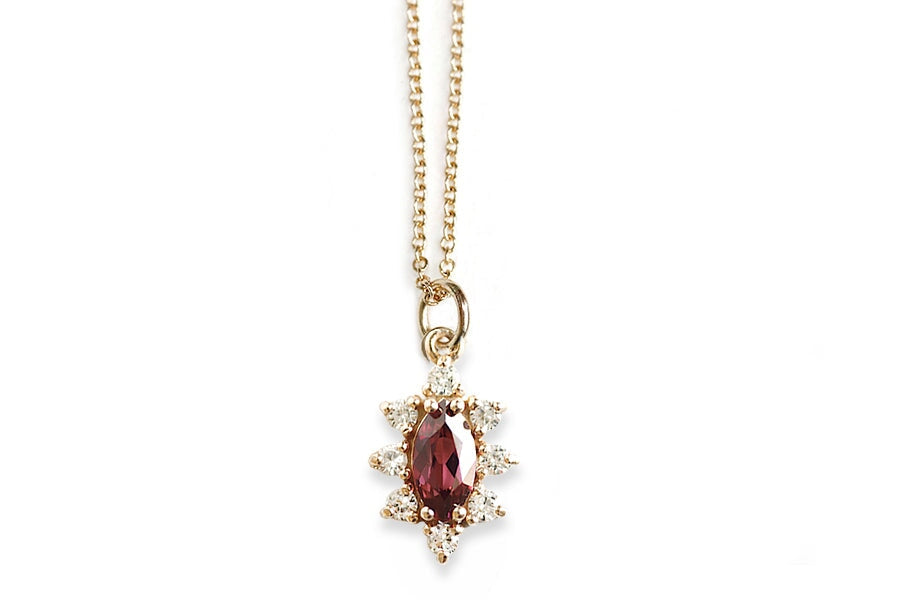 Aura Marquise Garnet Halo Necklace Andrea Bonelli Jewelry 14k Yellow Gold