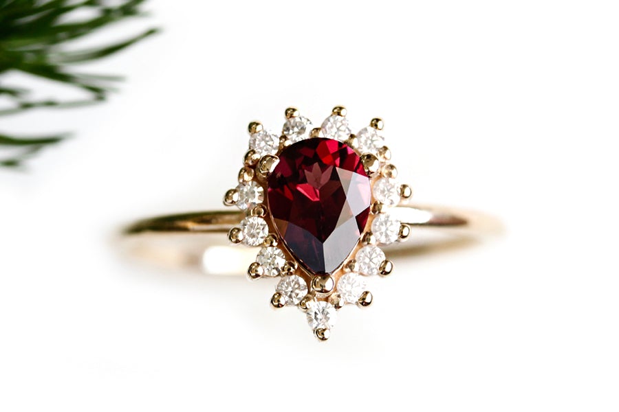 Aura Halo Pear Garnet Ring Andrea Bonelli Jewelry 