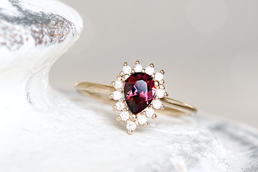 Aura Halo Pear Garnet Ring Andrea Bonelli Jewelry 