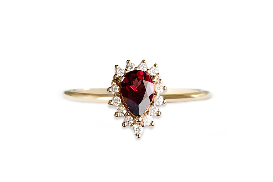 Aura Halo Pear Garnet Ring Andrea Bonelli Jewelry 14k Yellow Gold