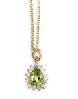 Aura Peridot Pear Halo Necklace Andrea Bonelli Jewelry 14k Yellow Gold