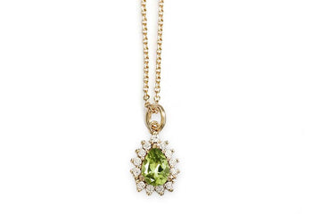 Aura Peridot Pear Halo Necklace Andrea Bonelli Jewelry 14k Yellow Gold