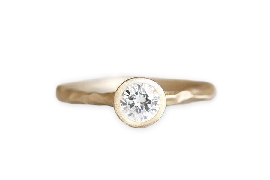 Rustic Carved Moissanite Ring Andrea Bonelli 14k Yellow Gold